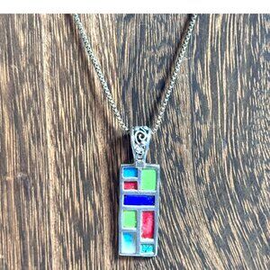 Vintage Sterling Silver Geometric Mosaic Pendant Turquoise Lapis Inlaid Necklace